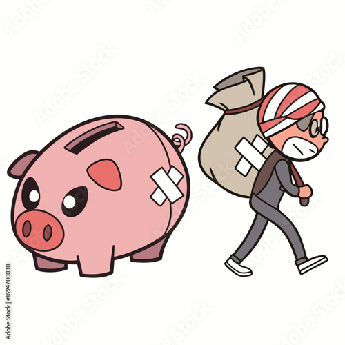 Cartoon thief wearing a bandana and glasses carrying a sack of money away from a piggy bank