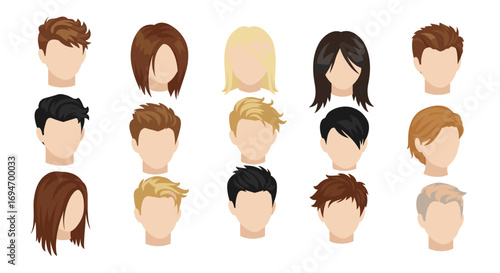 Collection of diverse hairstyles with various cuts and colors on white background