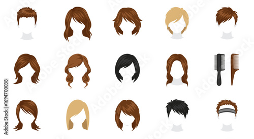Stylish female hairstyles collection with combs on white background