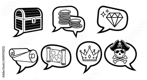 Treasure Hunt Adventure Speech Bubbles with Chests, Coins, Jewels, Maps and Pirate Icons
