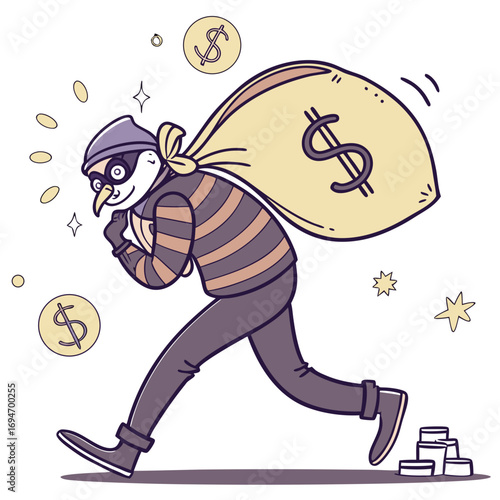 Cartoon thief wearing a mask and striped shirt running with a large bag of money and coins falling