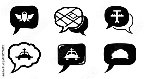 A set of monochrome communication icons inside speech bubbles representing travel, transportation, and trip planning
