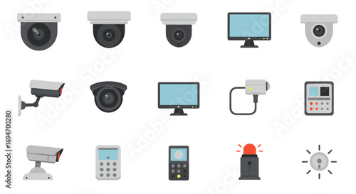 Modern security equipment collection with surveillance cameras and alarm systems