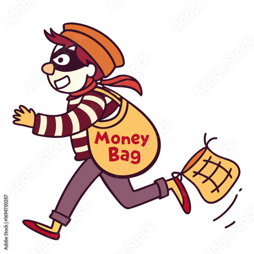 Cartoon thief wearing a mask and striped shirt running with a money bag and loot sack