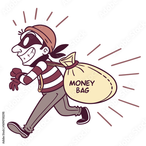 Cartoon thief wearing a mask and striped shirt running with a large sack of money