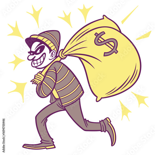 Cartoon thief wearing a striped shirt and beanie running with a large sack of money and dollar sign