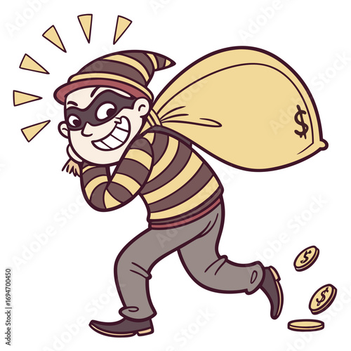 Cartoon thief wearing a striped shirt and mask happily running away with a large money bag and dropping coins