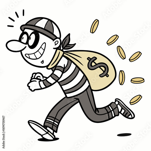 Cartoon thief wearing a striped shirt and mask happily running with a bag full of money and coins falling