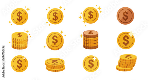 Shiny gold and bronze coins with dollar symbols on white background