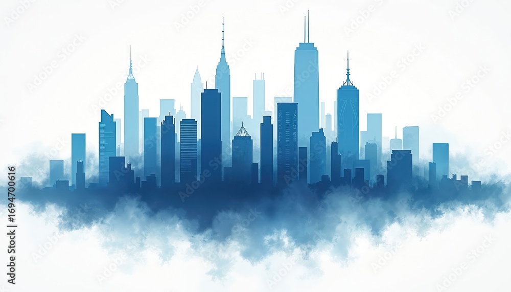 Fototapeta premium Blue cityscape silhouettes of tall skyscrapers in modern urban skyline. Gradient tones create clean design on white background. Illustration represents city life, business districts, architectural