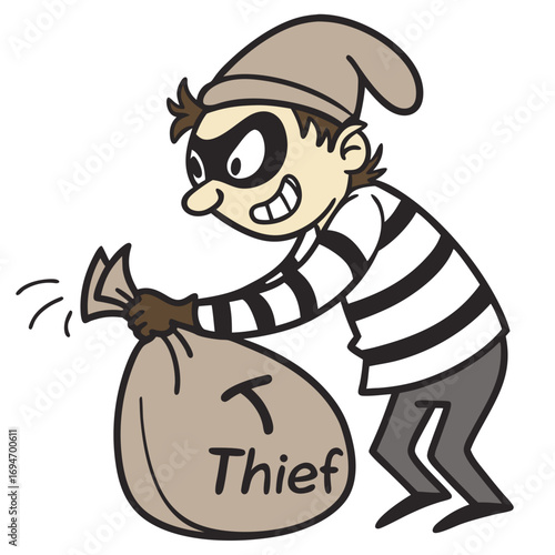 Cartoon thief with a striped shirt and mask holding a bag labeled thief with a sneaky expression