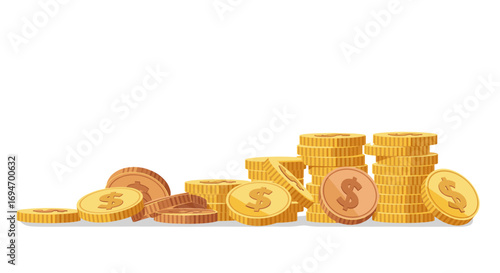 Stacked and scattered coins on white background