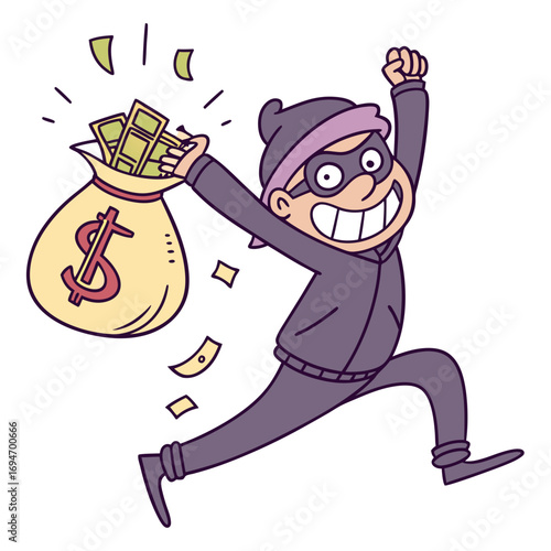 Joyful cartoon thief running with a bag full of money and dollar sign celebrating successful heist