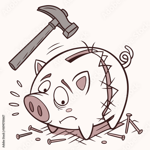 Sad and broken piggy bank about to be smashed with a hammer and nails