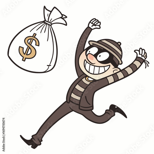 Joyful cartoon thief in striped outfit running with a bag full of money and dollar sign
