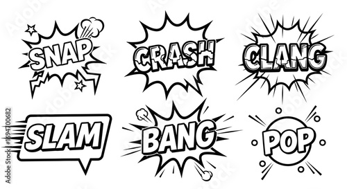 Comic Book Sound Effects - Snap, Crash, Clang, Slam, Bang, Pop Onomatopoeia Collection