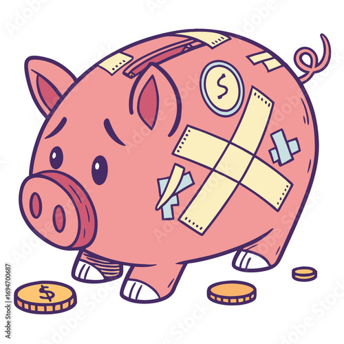 Sad and broken piggy bank with bandages and coins representing financial hardship and saving struggles