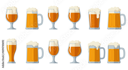 Assorted beer glasses with foam in flat style