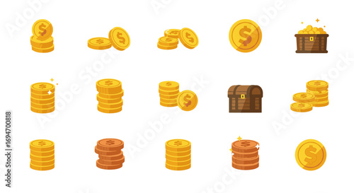 Set of cartoon gold coins and treasures for game design and animation