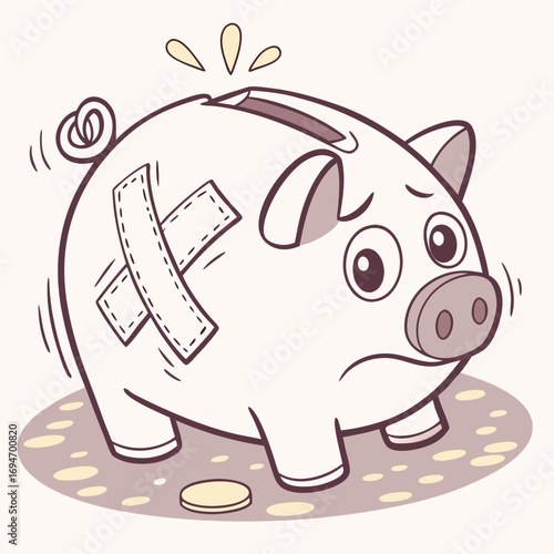 Sad and injured piggy bank with bandages and a single coin representing financial hardship and saving struggles