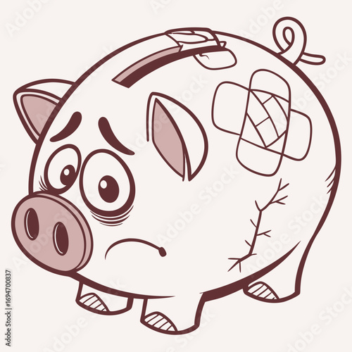 Sad and injured piggy bank with bandages and stitches showing financial hardship and debt