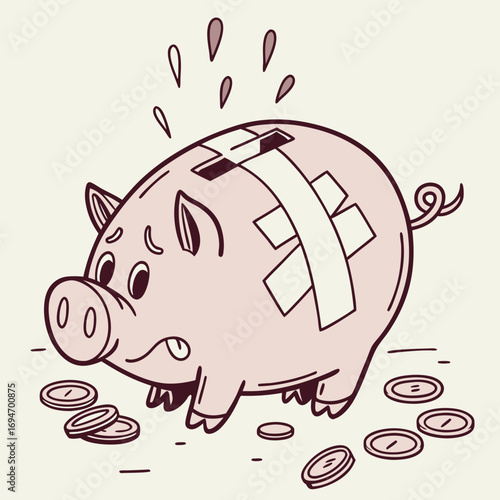 Sad and injured piggy bank with bandages and scattered coins representing financial hardship and debt