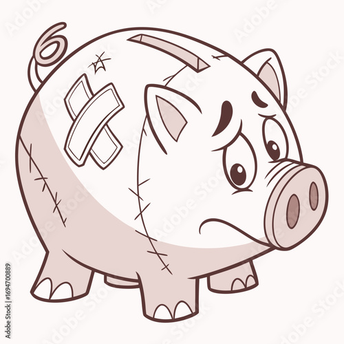 Sad and injured piggy bank with bandages and stitches symbolizing financial trouble and debt
