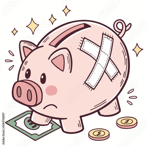Sad and injured piggy bank with bandages on its body and a single dollar bill and coins nearby