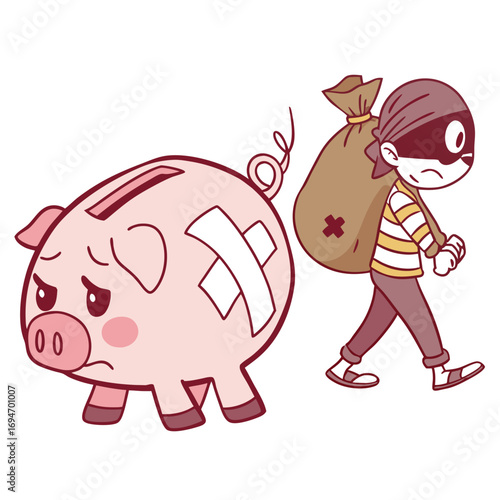 Sad bandaged piggy bank left behind as thief escapes with stolen money bag