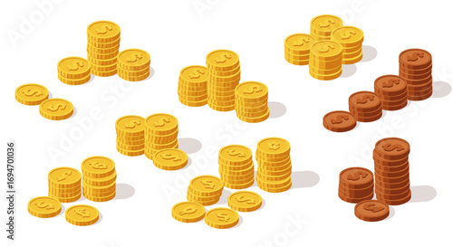 Stacks of gold and bronze coins in isometric style on white background