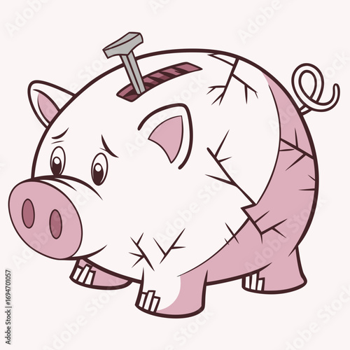 Sad cartoon piggy bank with a nail hammered into its back representing financial hardship and economic struggle
