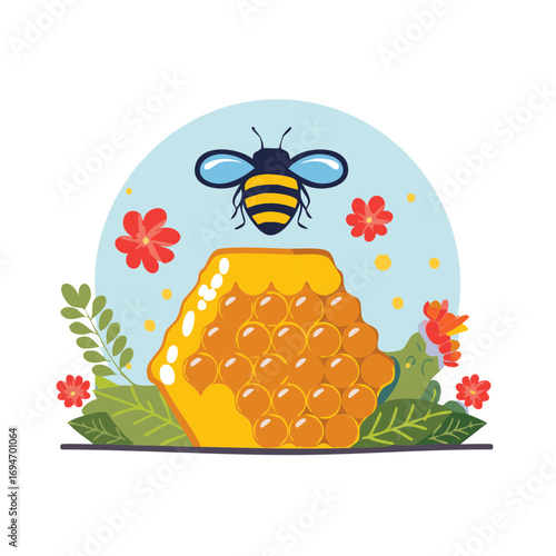 Honeycombs with bee illustration in garden with flowers vector, organic honey production concept, and healthy eating lifestyle
