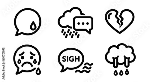 A collection of simple vector icons symbolizing grief, sadness, and emotional pain, including a crying face, broken heart, and rainy cloud
