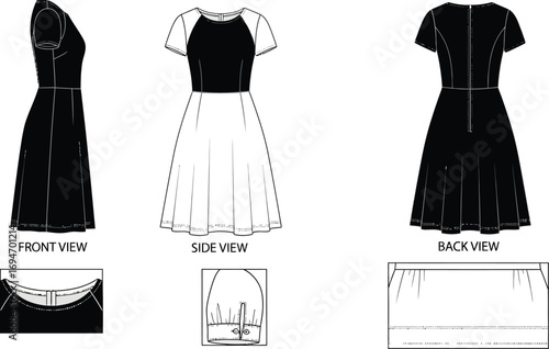 Technical drawing of a short sleeved fit and flare dress with front side and back views shown
