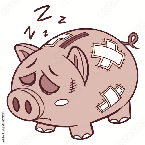 Sad injured piggy bank covered in bandages sleeping soundly with zzz symbols above its head