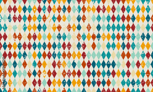 Colorful diamond pattern with vintage distressed texture, perfect for retro design, geometric projects, textiles, and decorative backgrounds.
