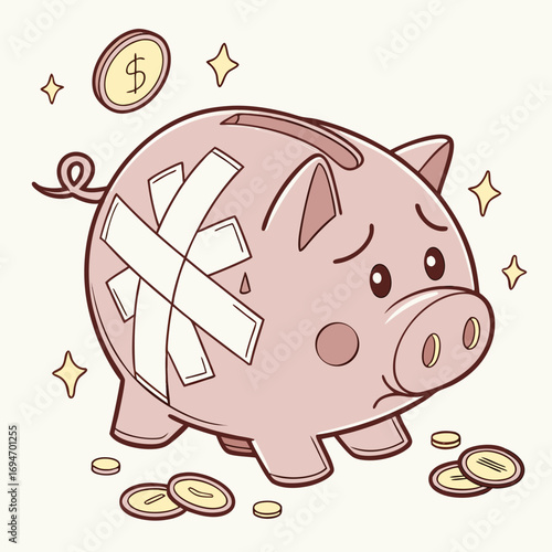 Sad piggy bank with bandages and scattered coins symbolizing financial hardship and money problems