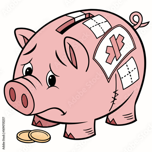 Sad injured piggy bank with bandages and coins symbolizes financial hardship and economic crisis