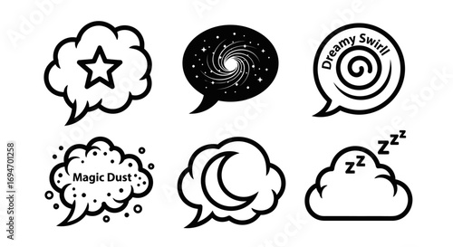 A collection of monochrome icons representing dreams, imagination, and sleep, featuring symbols like stars, galaxies, and magic dust in thought bubbles
