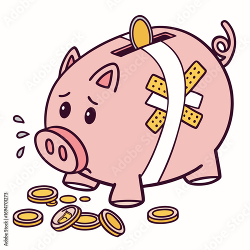 Sad piggy bank with bandages and scattered coins symbolizing financial struggles and saving difficulties