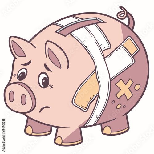 Sad piggy bank with bandages and medical patches representing financial hardship and economic recession