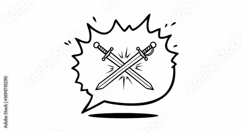 Conceptual illustration of a verbal battle or dispute, depicted as crossed swords within a dynamic speech bubble symbolizing conflict