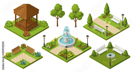 Isometric park elements with gazebo, fountain, benches, and trees