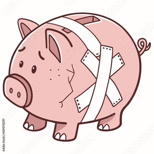 Sad pink piggy bank with cracks and bandages symbolizing financial trouble and debt