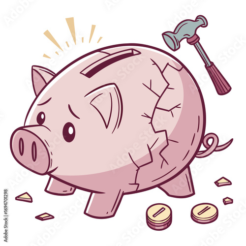 Sad pink piggy bank cracked and broken with hammer and scattered coins symbolizing financial ruin