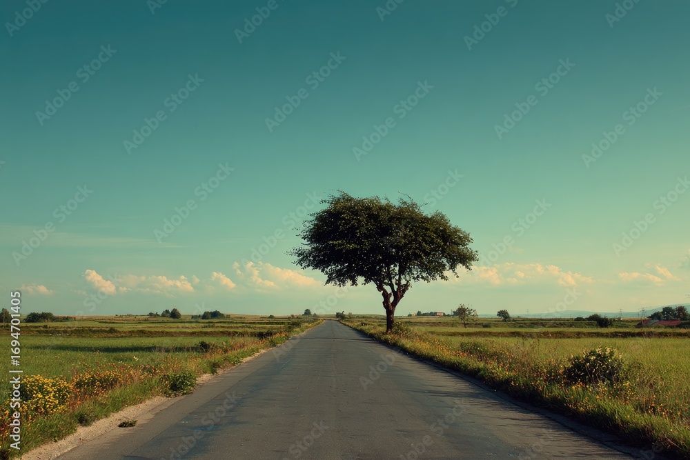 Fototapeta premium Empty road through fields under a vast sky