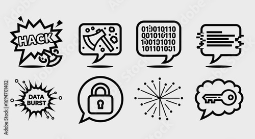 Cybersecurity Icons Data Breach, Hacking, and Protection Symbols for Digital Security