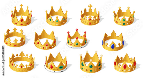 Variety of royal crowns with gems on white background