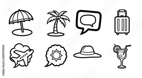 Collection of travel-themed icons, including a beach umbrella, palm tree, airplane, sun, hat, suitcase, speech bubble, and cocktail