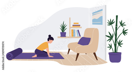 Woman practicing yoga at home with plants and cozy decor in minimalist design